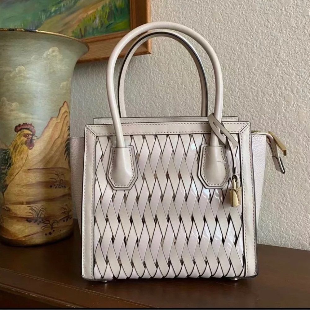 Michael Kors Mercer Studio Woven Leather Crossbody Satchel Soft Pink